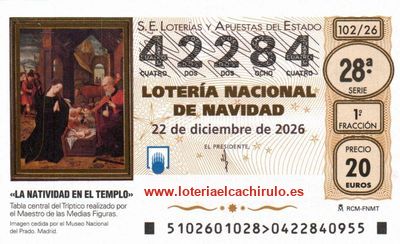 Anverso del décimo 42284 de la Lotería de Navidad 2026, de Getafe (Madrid)